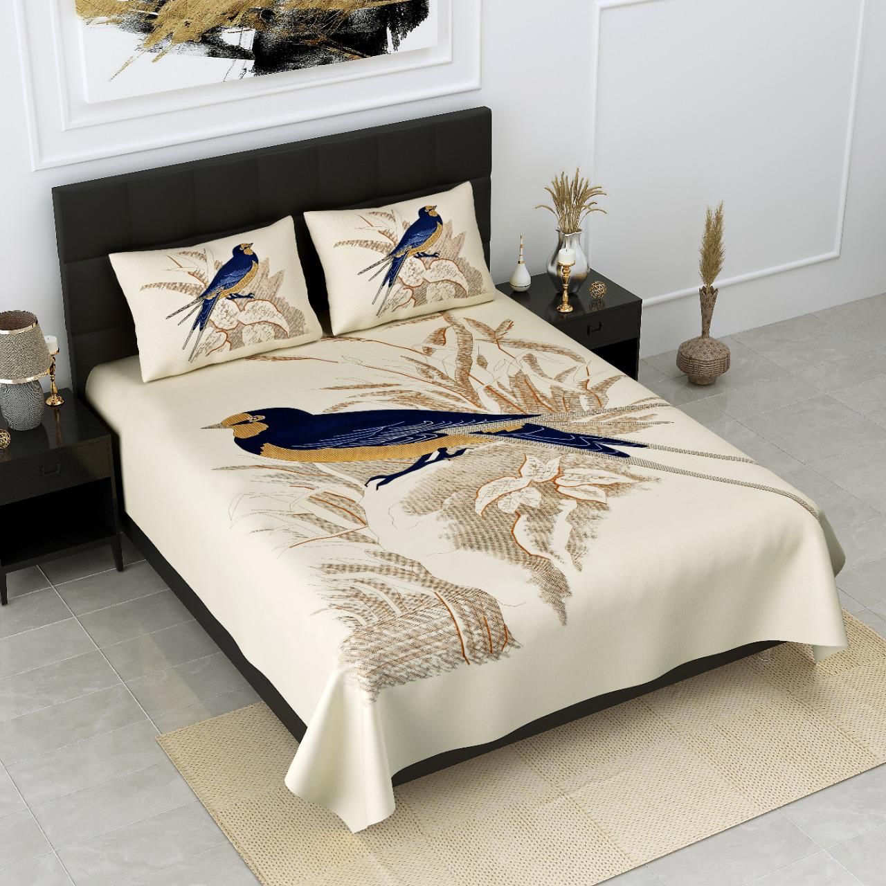 King Size Cotton Bedsheet 3 Pc Set Bird Pattern